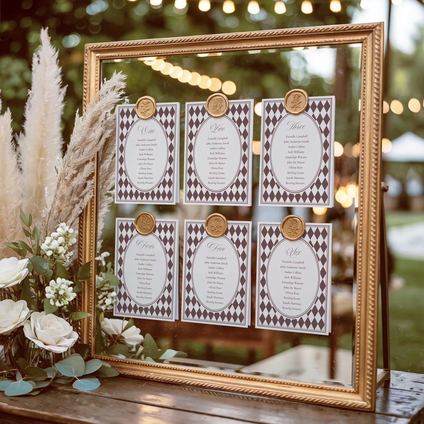 Brown Harlequin Pattern Seating Chart Cards Template, Checkered Old Money Luxury Night Before Bridal Shower, Timeless Wedding Decor WP1098