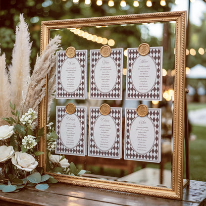 Brown Harlequin Pattern Seating Chart Cards Template, Checkered Old Money Luxury Night Before Bridal Shower, Timeless Wedding Decor WP1098