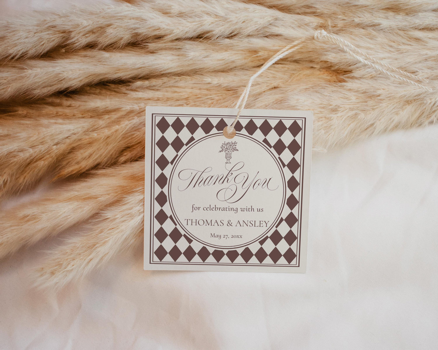 Brown Harlequin Pattern Wedding Favor Tags Template, Checkered Old Money Luxury Ceremony Black and White Wedding Reception WP1098