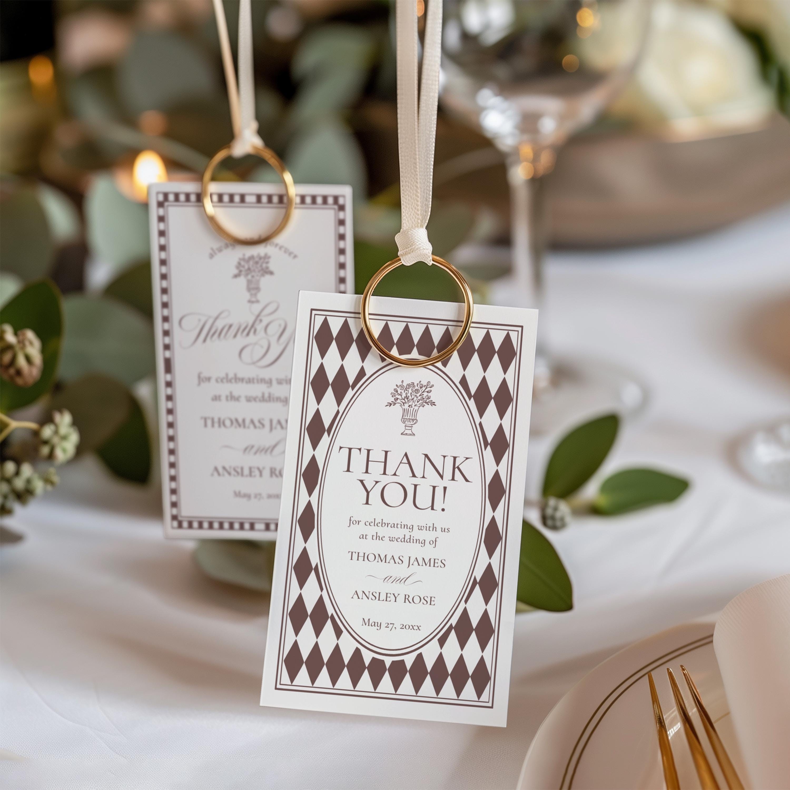 Brown Harlequin Pattern Wedding Favor Tags Template, Checkered Old Money Luxury Ceremony Black and White Wedding Reception WP1098