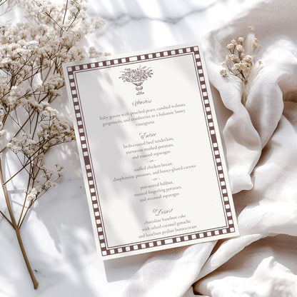 Brown Harlequin Pattern Menu Template, Old Money Bridal Shower, Checkered Old Money Night Before Bridal Shower Timeless Wedding Decor WP1098