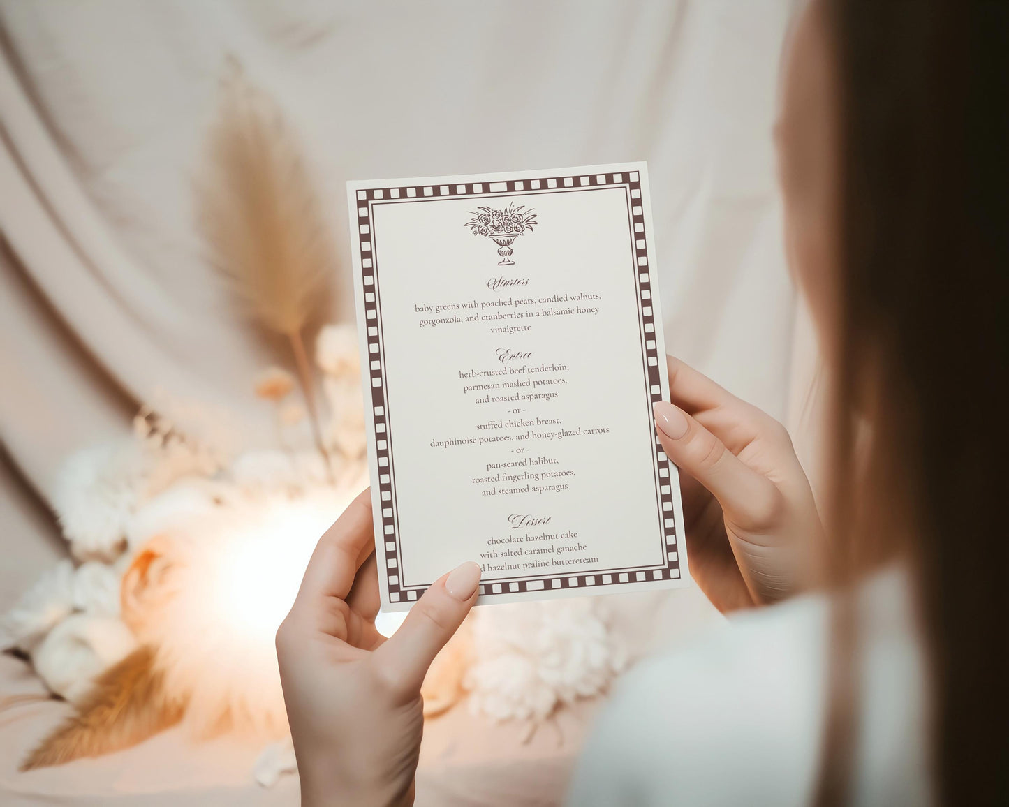 Brown Harlequin Pattern Menu Template, Old Money Bridal Shower, Checkered Old Money Night Before Bridal Shower Timeless Wedding Decor WP1098