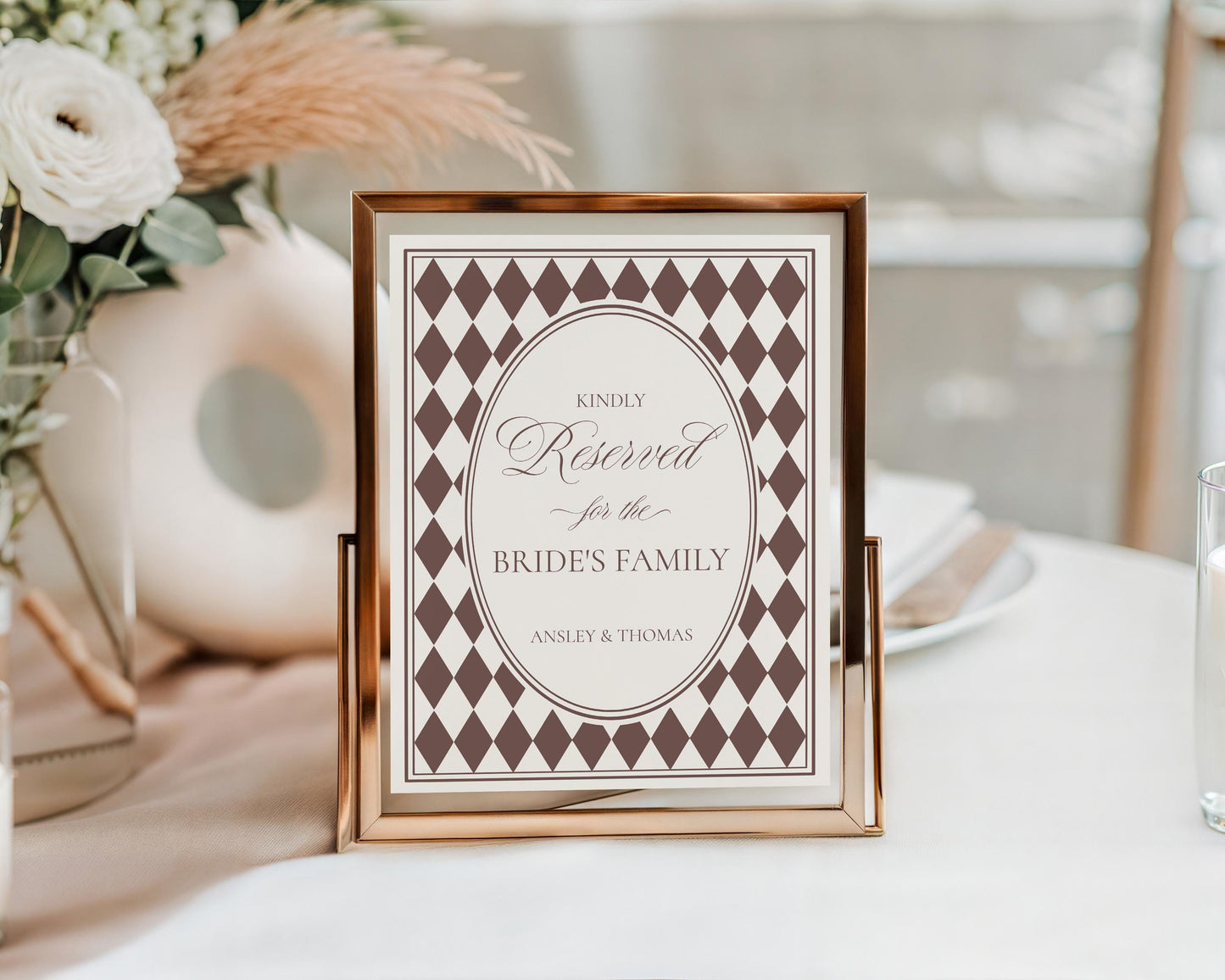 Brown Harlequin Pattern Reserved Sign Template, Checkered Old Money Luxury Ceremony Black and White Wedding Reception WP1098