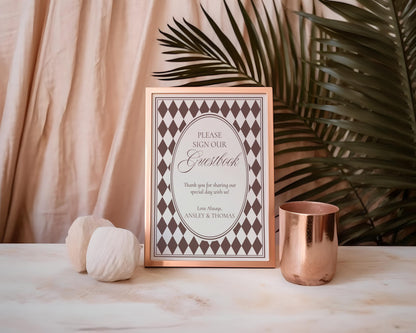 Brown Harlequin Pattern Guestbook Sign Template, Checkered Old Money Luxury Ceremony Black and White Wedding Reception WP1098