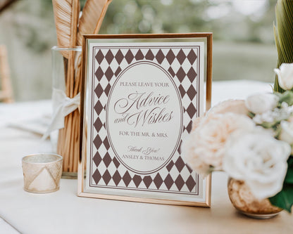Brown Harlequin Pattern Advice for Mr & Mrs Cards Template, Checkered Old Money Night Before Bridal Shower, Timeless Wedding Decor WP1098