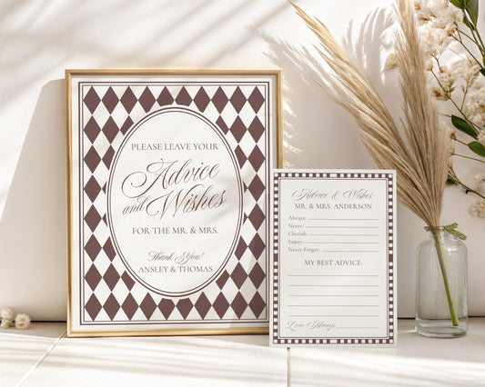 Brown Harlequin Pattern Advice for Mr & Mrs Cards Template, Checkered Old Money Night Before Bridal Shower, Timeless Wedding Decor WP1098