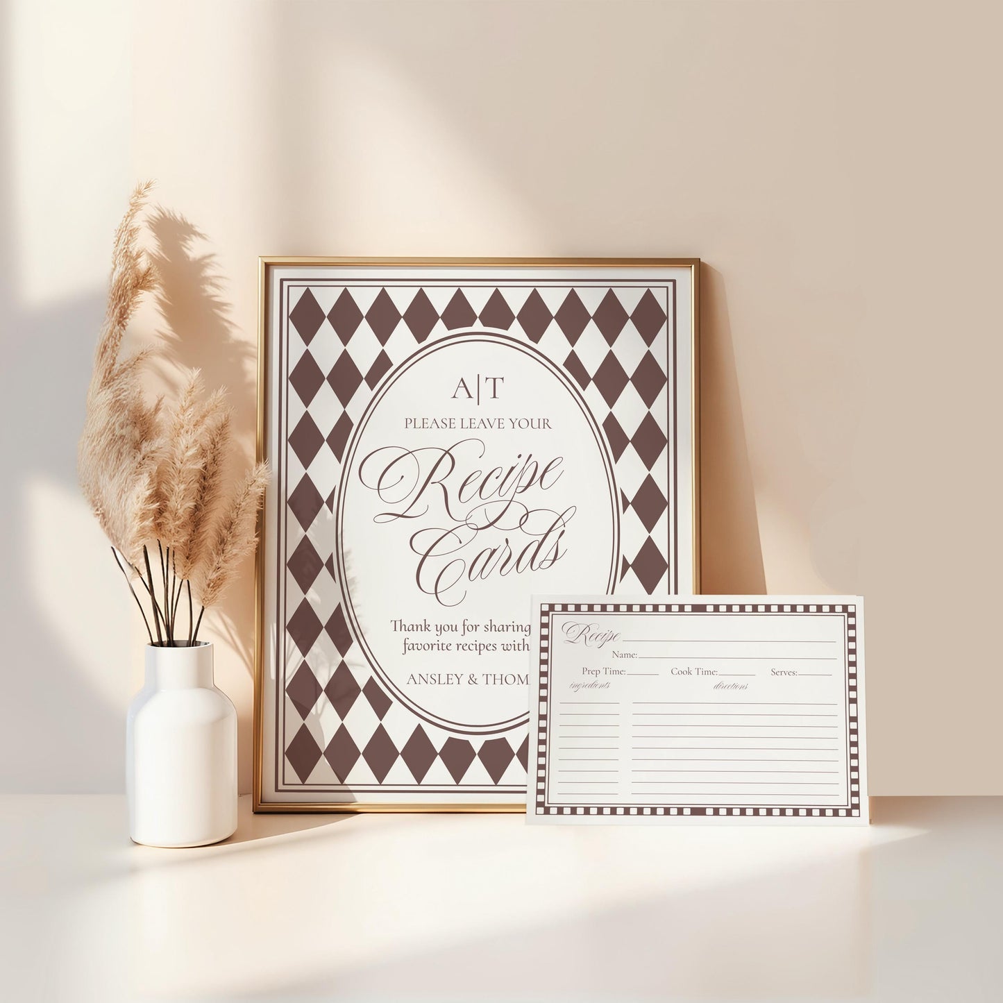 Brown Harlequin Pattern Recipe Card Bridal Shower Template, Checkered Old Money Luxury Bridal Brunch WP1098