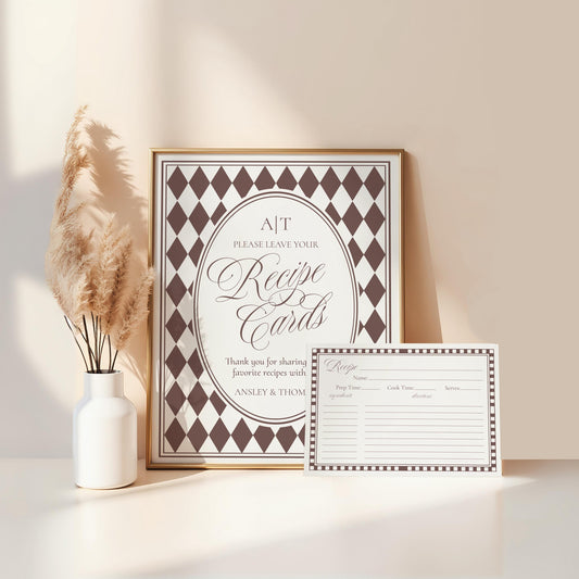 Brown Harlequin Pattern Recipe Card Bridal Shower Template, Checkered Old Money Luxury Bridal Brunch WP1098