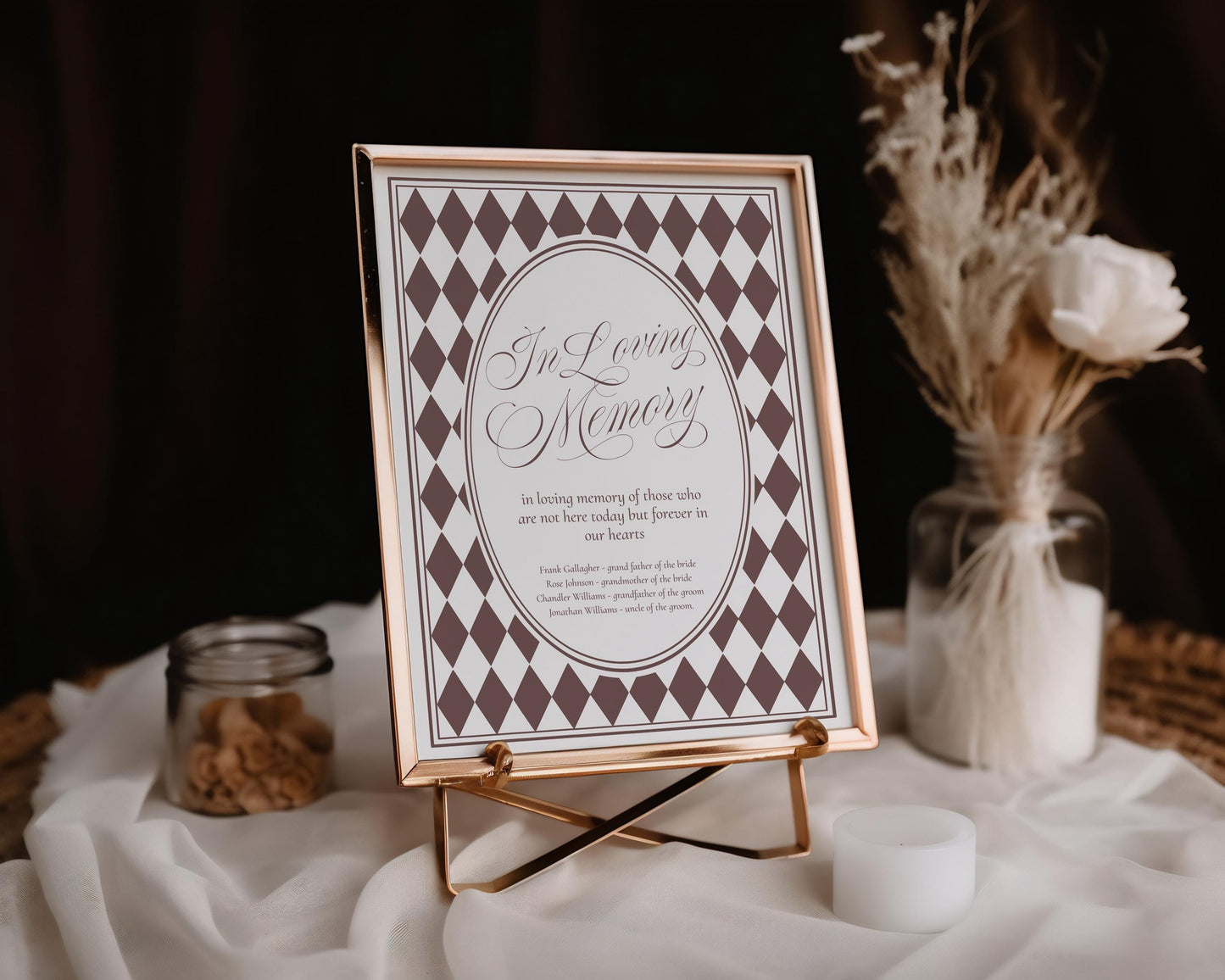 Brown Harlequin Pattern In Loving Memory Sign Template, Checkered Old Money Luxury Ceremony Black and White Wedding Reception WP1098