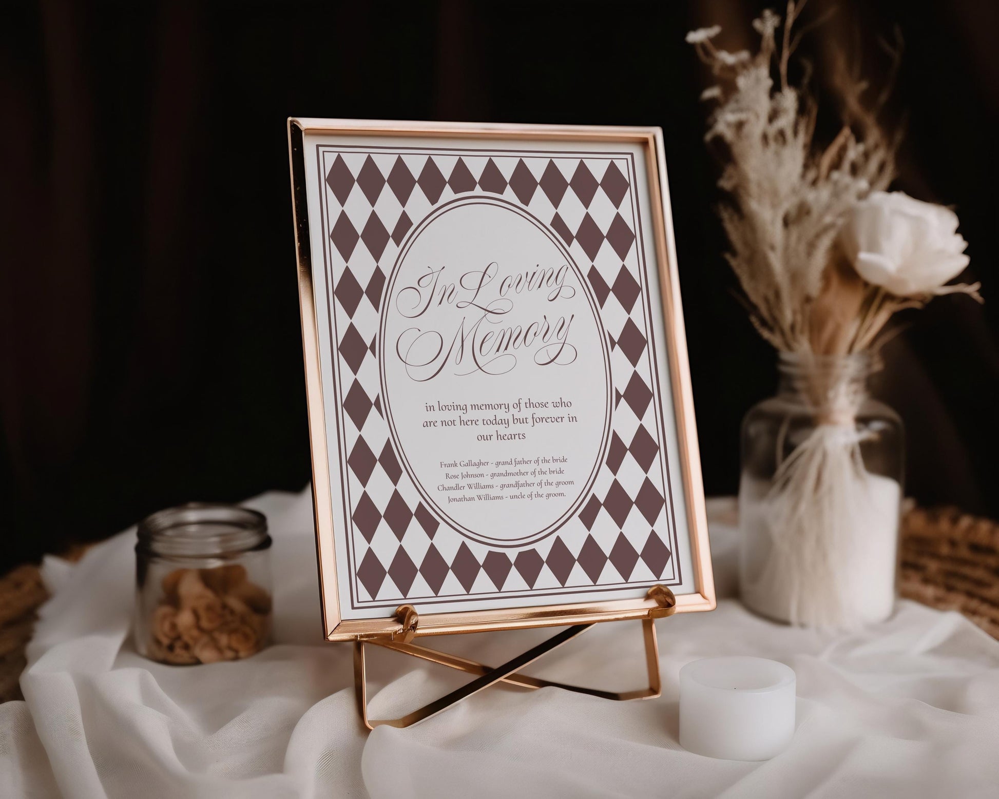Brown Harlequin Pattern In Loving Memory Sign Template, Checkered Old Money Luxury Ceremony Black and White Wedding Reception WP1098