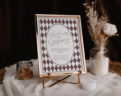 Brown Harlequin Pattern In Loving Memory Sign Template, Checkered Old Money Luxury Ceremony Black and White Wedding Reception WP1098