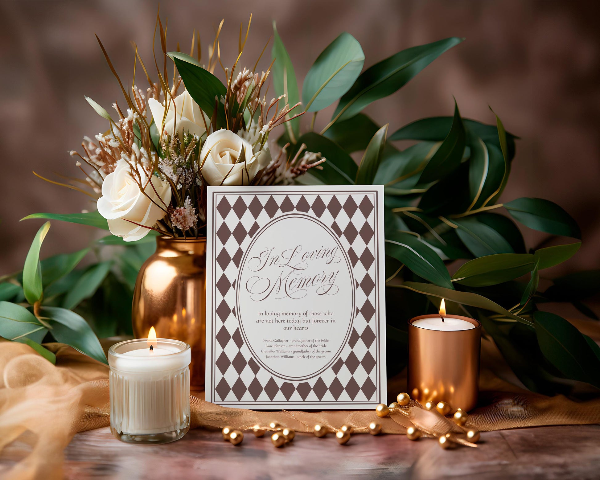 Brown Harlequin Pattern In Loving Memory Sign Template, Checkered Old Money Luxury Ceremony Black and White Wedding Reception WP1098
