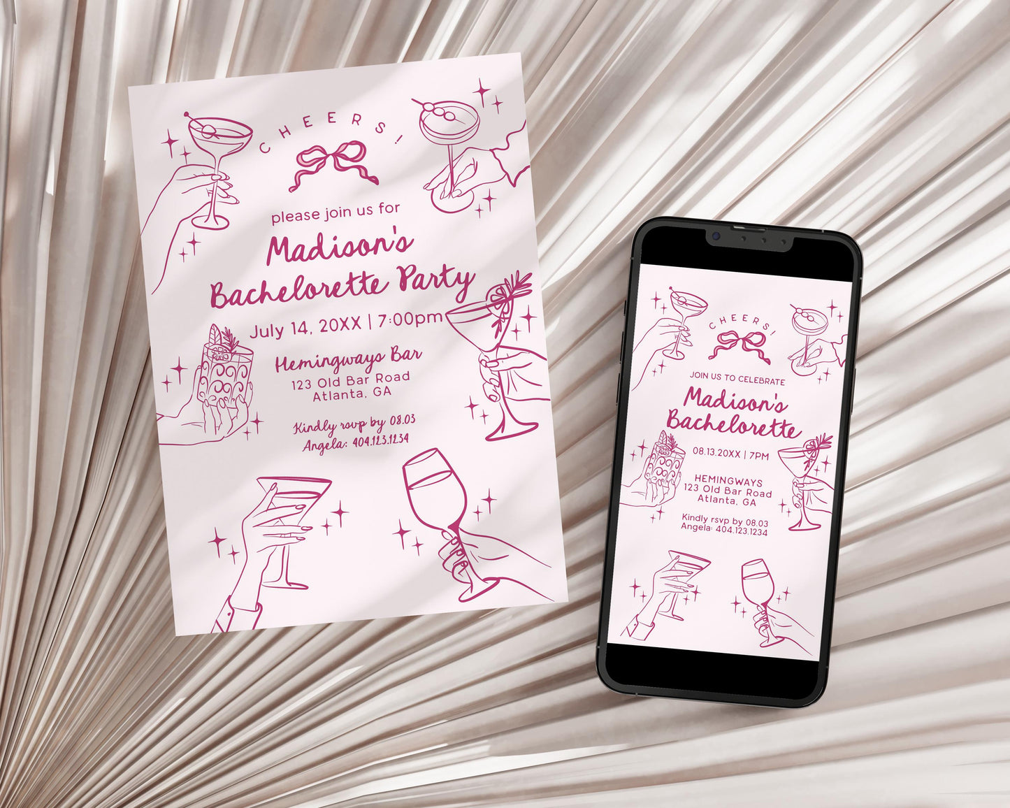 Pink Cocktail Party Bachelorette Invitation, Printed & Shipped, Cocktail Party Stationery