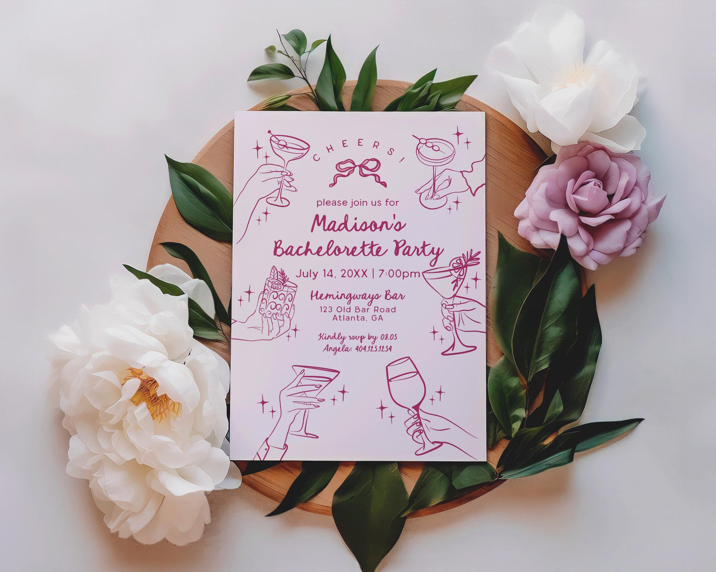 Pink Cocktail Party Bachelorette Invitation, Printed & Shipped, Cocktail Party Stationery