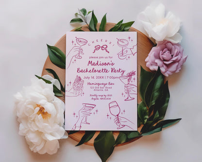 Pink Cocktail Party Bachelorette Invitation, Printed & Shipped, Cocktail Party Stationery