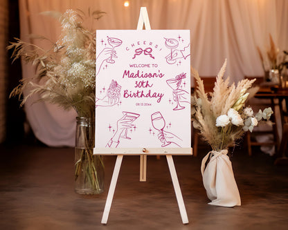 Pink Cocktail Party Birthday Welcome Sign, Printed & Shipped, Cocktail Party Decor