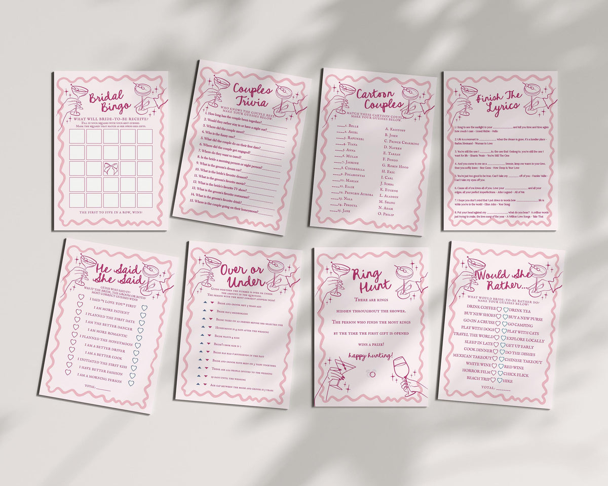 Pink Cocktail Party Bridal Shower Games, Printed & Shipped, Cocktail Party Games