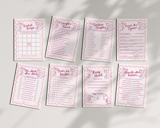 Pink Cocktail Party Bridal Shower Games, Printed & Shipped, Cocktail Party Games