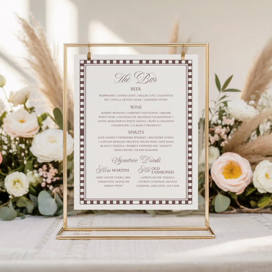 Brown Harlequin Pattern Bar Menu Sign, Printed & Shipped, Party Stationery