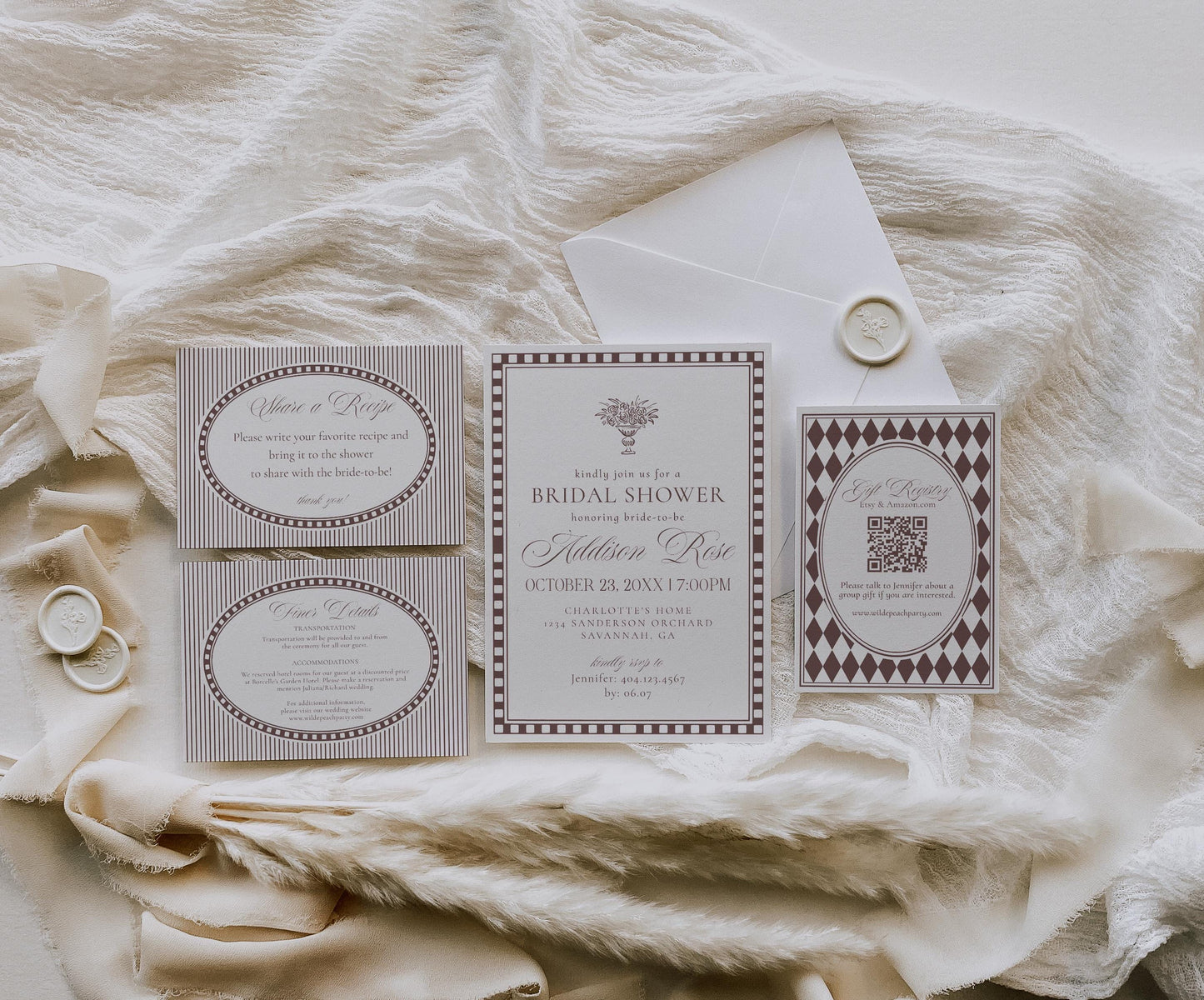 Brown Harlequin Pattern Bridal Shower Invitation, Printed & Shipped, Party Stationery