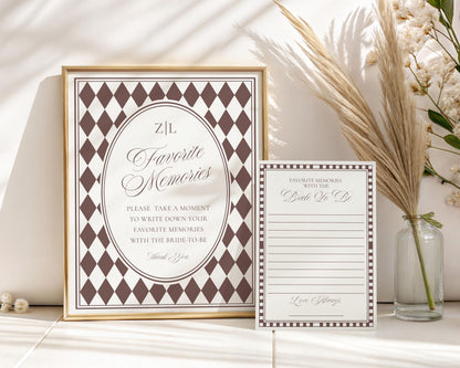 Brown Harlequin Pattern Favorite Memories Sign and Card Set, Printed & Shipped, Party Stationery