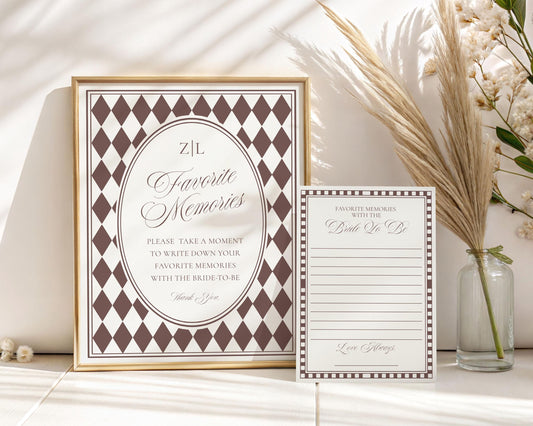 Brown Harlequin Pattern Favorite Memories Sign and Card Set, Printed & Shipped, Party Stationery