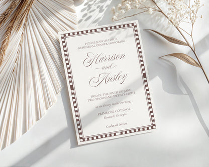 Brown Harlequin Pattern Rehearsal Dinner Invitation, Printed & Shipped, Party Stationery