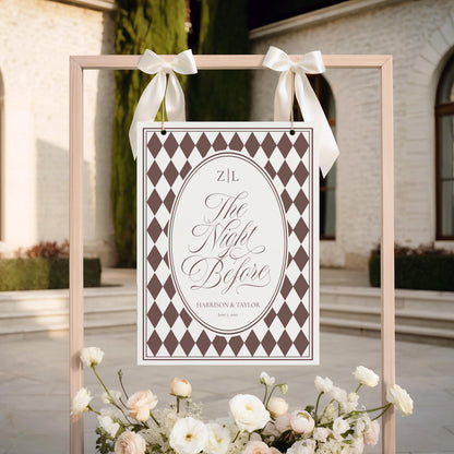 Brown Harlequin Pattern Rehearsal Dinner Welcome Sign, Printed & Shipped, Party Decor