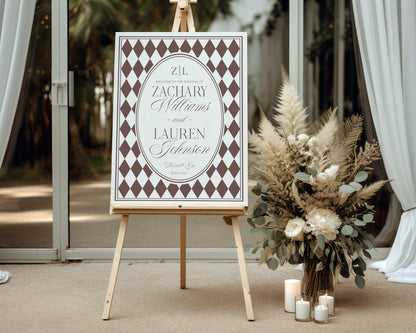 Brown Harlequin Pattern Wedding Welcome Sign, Printed & Shipped, Party Decor