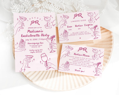 Pink Cocktail Party Bachelorette Invitation, Printed & Shipped, Cocktail Party Stationery