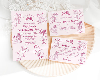 Pink Cocktail Party Bachelorette Invitation, Printed & Shipped, Cocktail Party Stationery