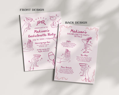 Pink Cocktail Party Bachelorette Invitation, Printed & Shipped, Cocktail Party Stationery