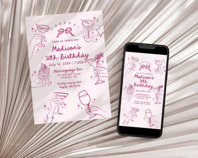 Pink Cocktail Party Birthday Invitation, Printed & Shipped, Cocktail Party Stationery