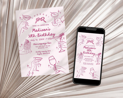 Pink Cocktail Party Birthday Invitation, Printed & Shipped, Cocktail Party Stationery