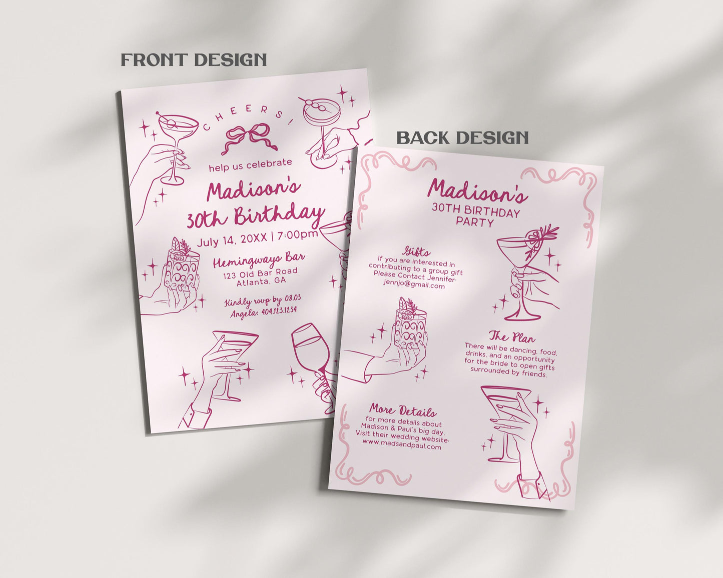 Pink Cocktail Party Birthday Invitation, Printed & Shipped, Cocktail Party Stationery
