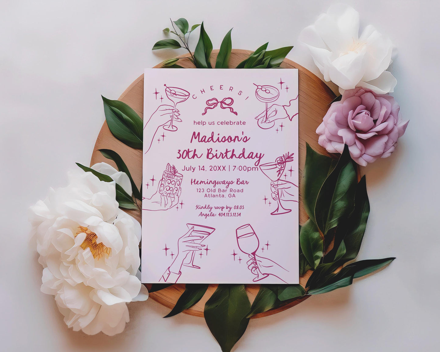Pink Cocktail Party Birthday Invitation, Printed & Shipped, Cocktail Party Stationery