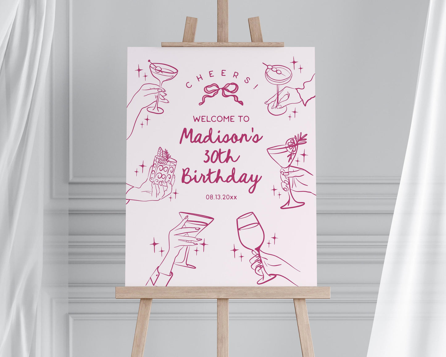 Pink Cocktail Party Birthday Welcome Sign, Printed & Shipped, Cocktail Party Decor