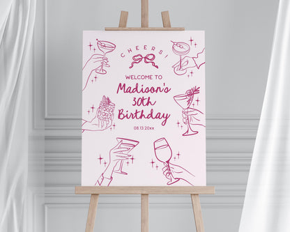 Pink Cocktail Party Birthday Welcome Sign, Printed & Shipped, Cocktail Party Decor