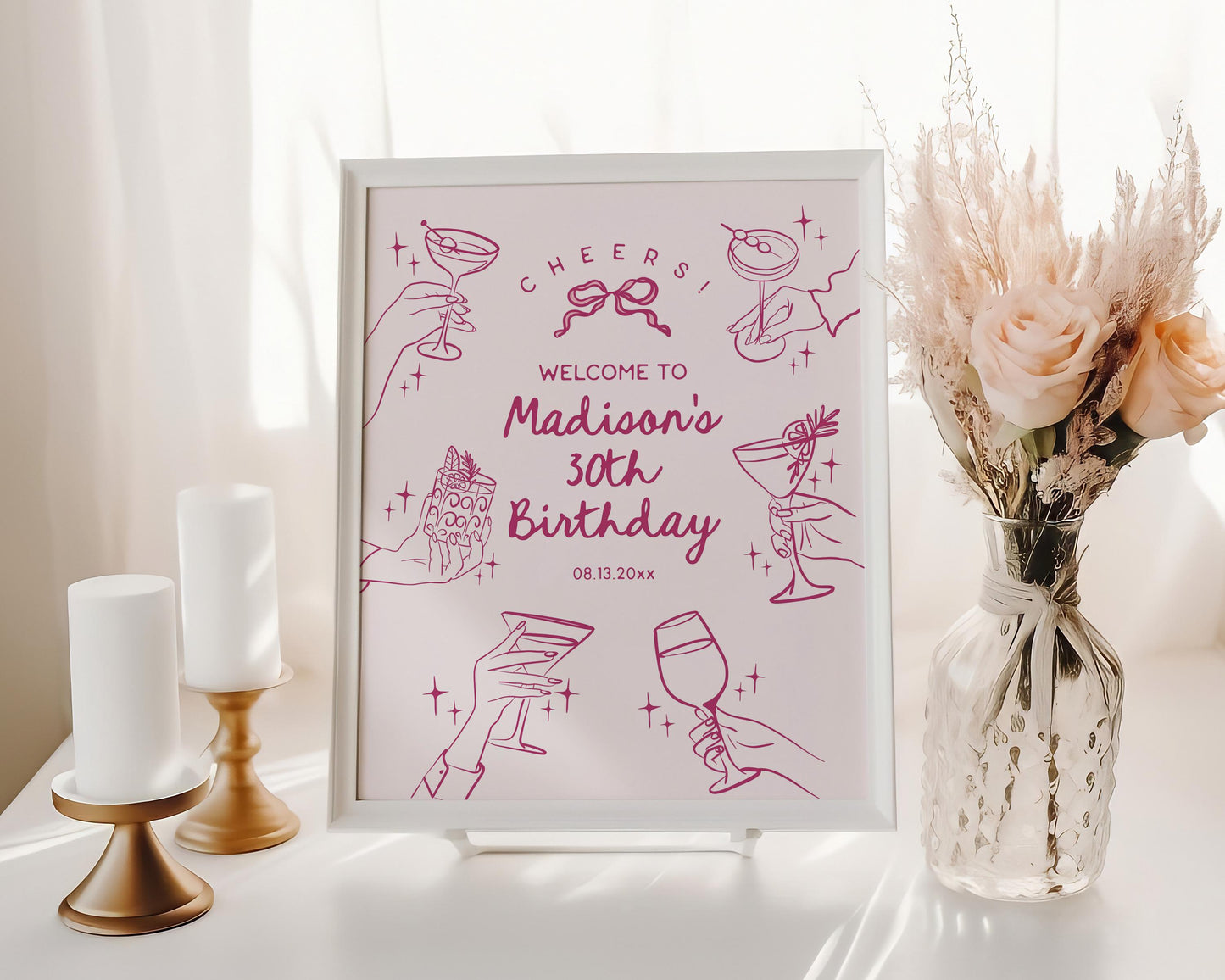 Pink Cocktail Party Birthday Welcome Sign, Printed & Shipped, Cocktail Party Decor