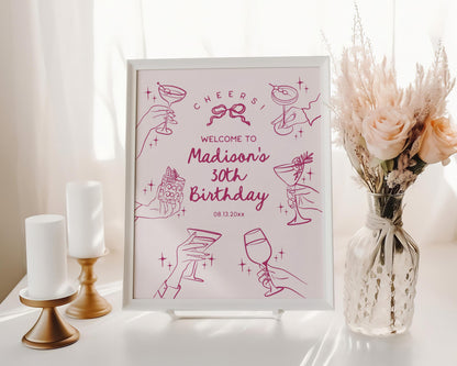 Pink Cocktail Party Birthday Welcome Sign, Printed & Shipped, Cocktail Party Decor