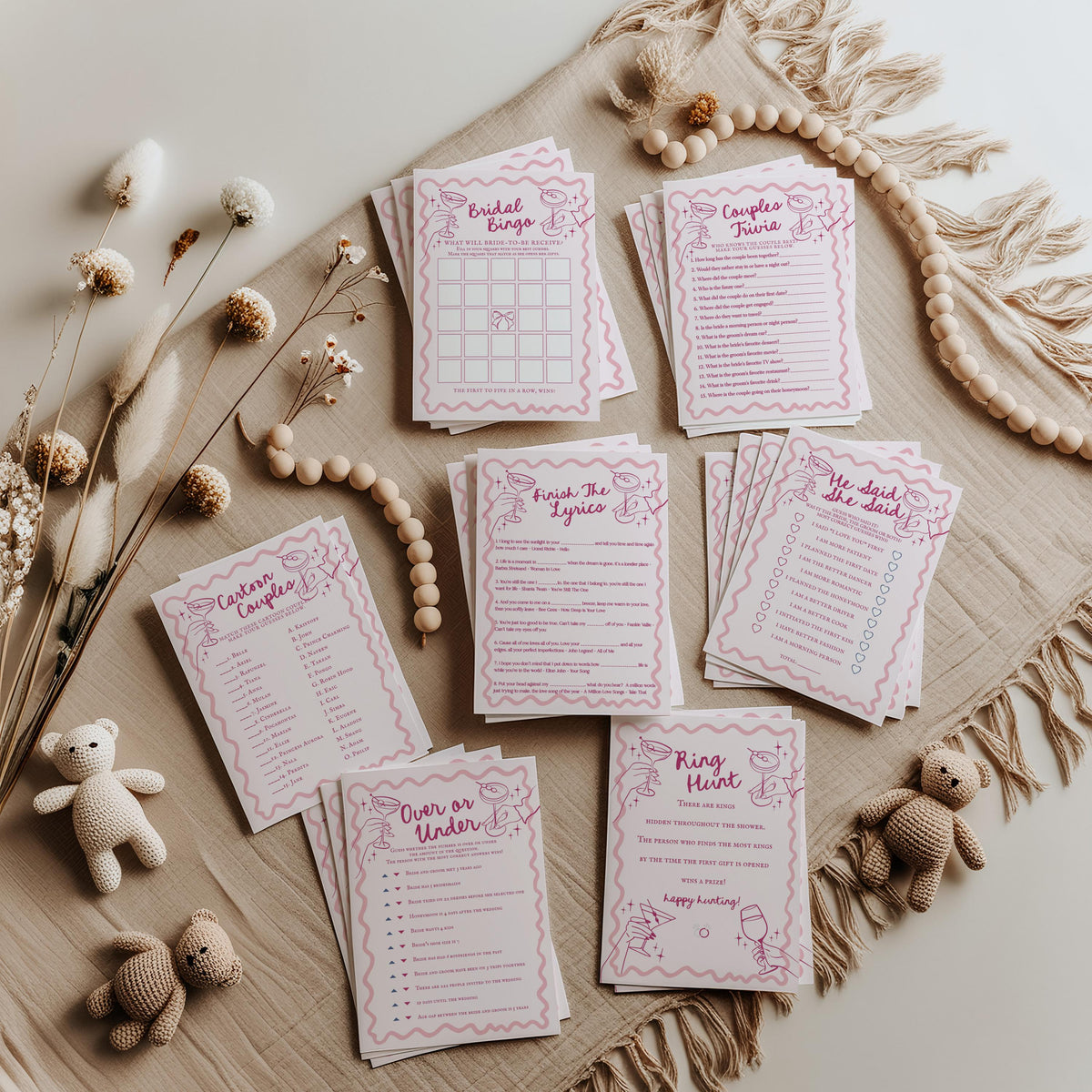 Pink Cocktail Party Bridal Shower Games, Printed & Shipped, Cocktail Party Games