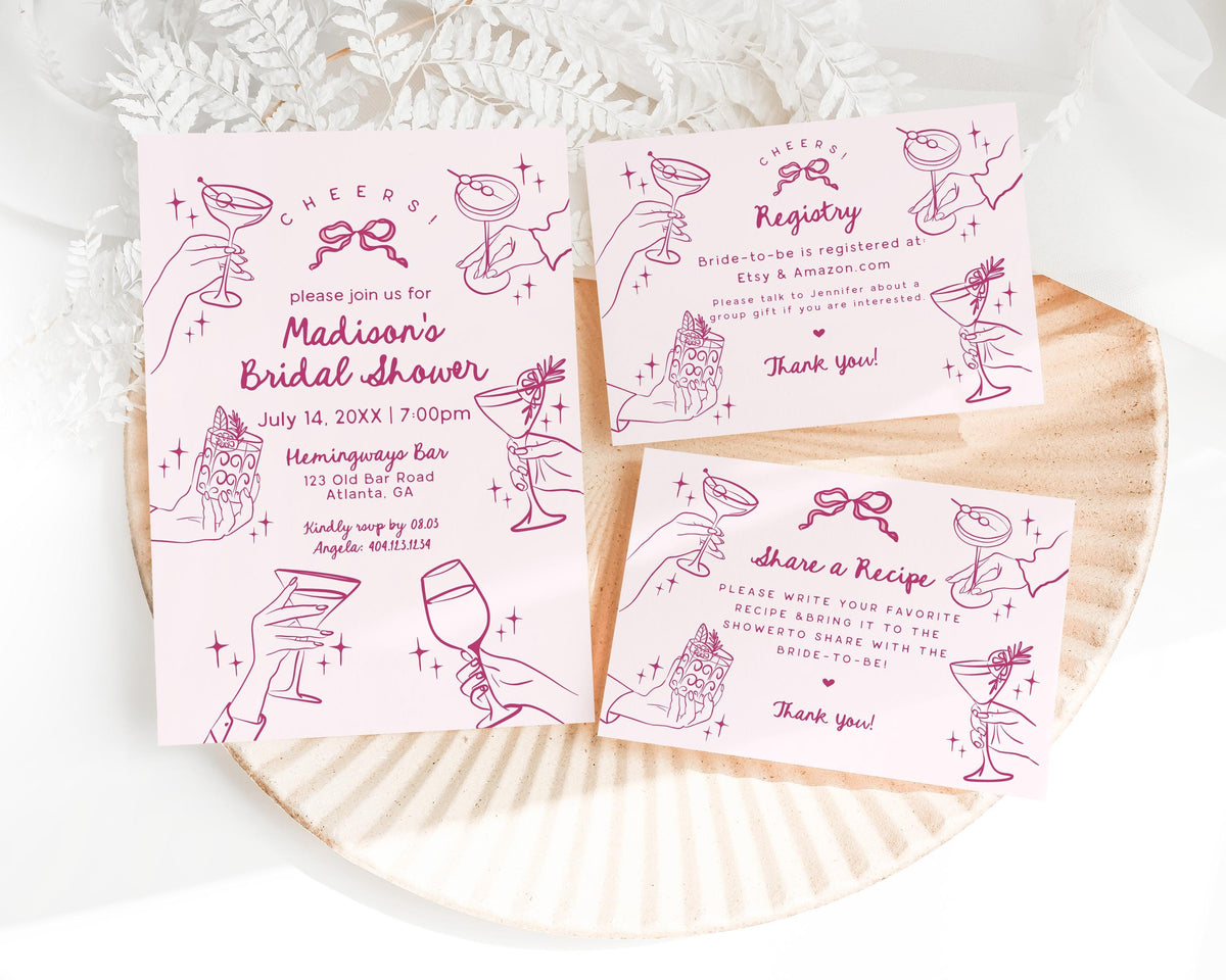 Pink Cocktail Party Bridal Shower Invitation, Printed & Shipped, Cocktail Party Stationery