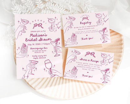 Pink Cocktail Party Bridal Shower Invitation, Printed & Shipped, Cocktail Party Stationery