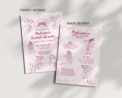 Pink Cocktail Party Bridal Shower Invitation, Printed & Shipped, Cocktail Party Stationery