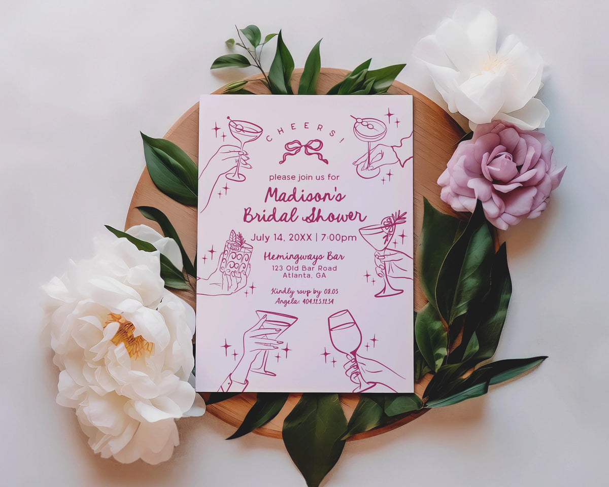 Pink Cocktail Party Bridal Shower Invitation, Printed & Shipped, Cocktail Party Stationery