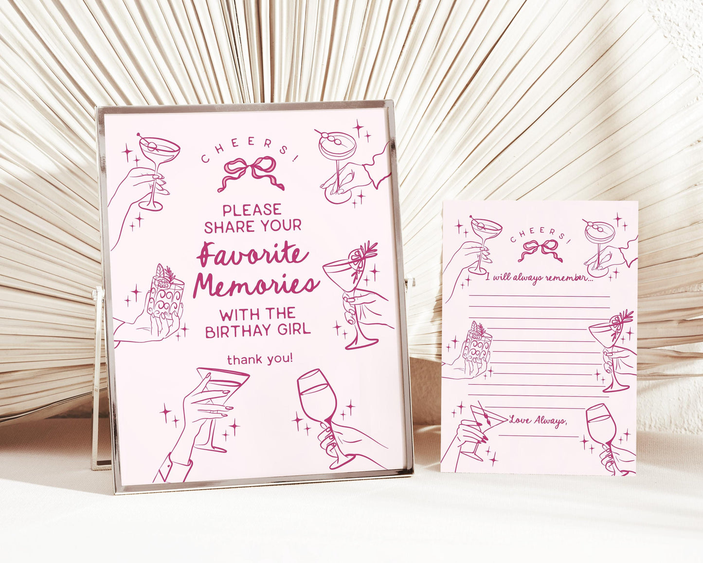 Pink Cocktail Party Birthday Favorite Memories Sign and Card Set, Printed & Shipped, Cocktail Party Stationery