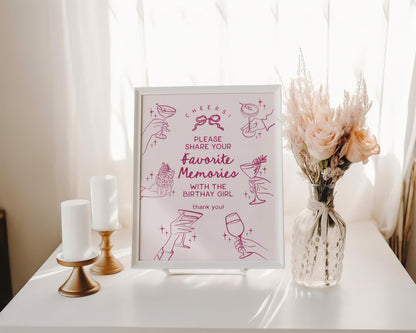Pink Cocktail Party Birthday Favorite Memories Sign and Card Set, Printed & Shipped, Cocktail Party Stationery