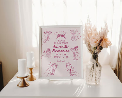 Pink Cocktail Party Bridal Shower Favorite Memories Sign and Card Set, Printed & Shipped, Cocktail Party Stationery