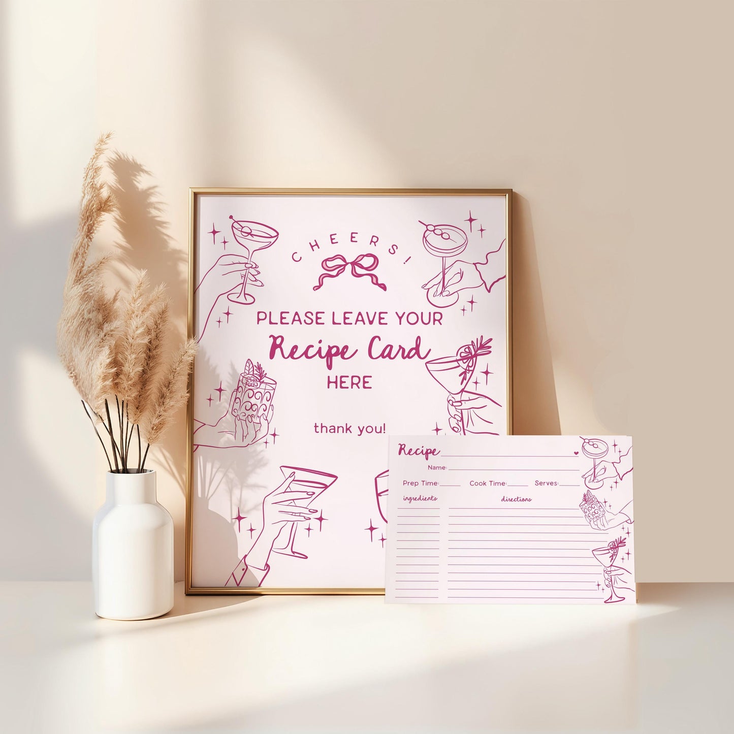 Pink Cocktail Party Recipe Cards, Printed & Shipped, Cocktail Party Stationery