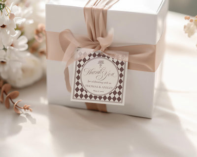 Brown Harlequin Pattern Square Favor Tags, Printed & Shipped, Party Stationery